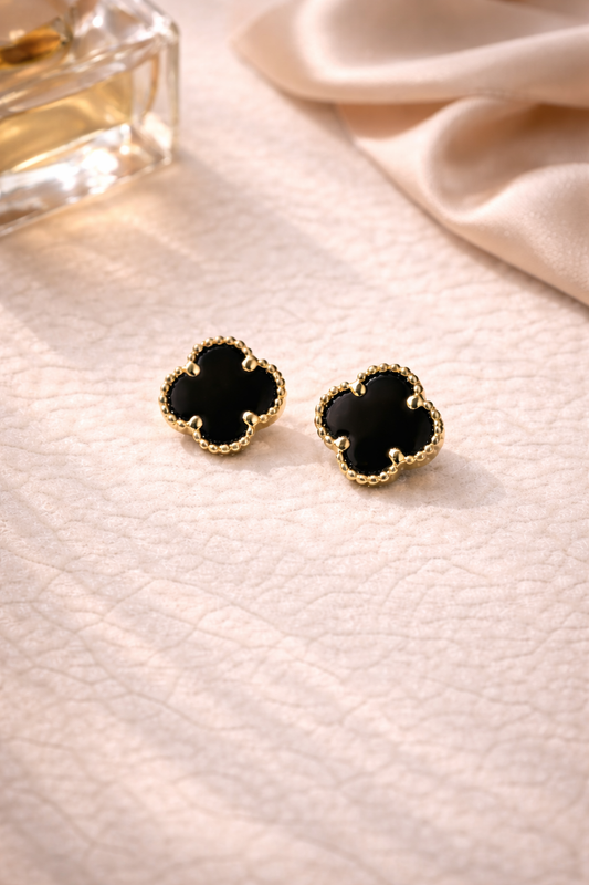Catalina Edit Black Onyx Clover Studs | 14K Solid Gold